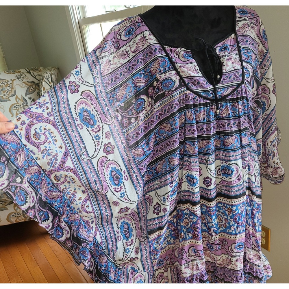 Analili Bohemian dolman sleeve tunic top blue and purple paisley floral Large - Picture 2 of 12